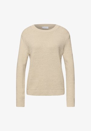 Beige gebreide trui met lange mouwen en een ronde hals, voorzien van geribbelde manchetten en zoom, met het label "Street One Studio."