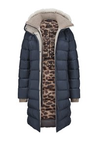 Marineblauer Puffer-Mantel mit beigem Innenfutter, der ein Leopardenmuster und ein Logo aufweist. Er hat einen mit Pelz gefütterten Kragen und gerippte Ärmelbündchen. Mit Reißverschluss und Druckknopfverschluss.