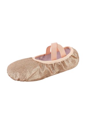 Goldene Glitzer-Ballettschuhe mit einem weichen Stoffobermaterial, elastischen Riemen und einer gerafften Ferse für Komfort und Passform. Flache Sohle für Flexibilität.