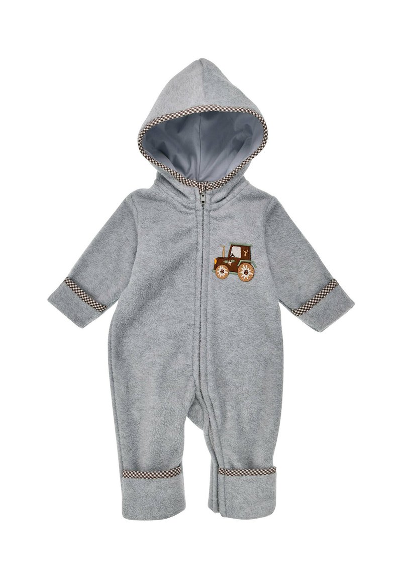 Grauer Fleece-Overall mit Kapuze, ausgestattet mit einem gestickten Traktor-Design und karierten Akzenten an den Bündchen und der Kapuzenauskleidung. Mit Reißverschluss.