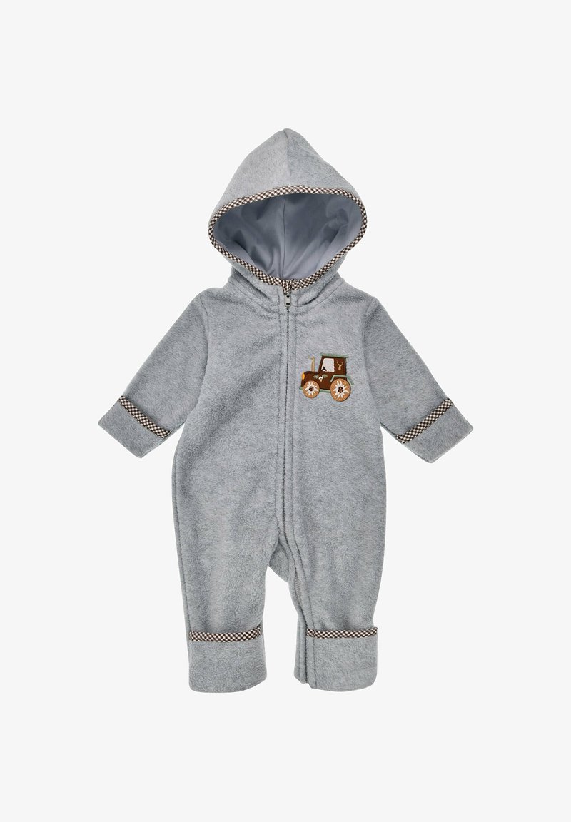 Grauer Fleece-Overall mit Kapuze, ausgestattet mit einem gestickten Traktor-Design und karierten Akzenten an den Bündchen und der Kapuzenauskleidung. Mit Reißverschluss.
