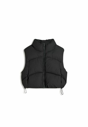 Zwarte puffer vest met hoge kraag, ritssluiting aan de voorkant en aantrekkoorden aan de zoom. Voorzien van gev quiltte secties en een gestroomlijnd, cropped ontwerp.