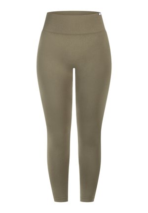 Legginsy w oliwkowym kolorze, wykonane z elastycznego materiału, z wysokim, prążkowanym pasem w talii oraz dopasowanym krojem na całej długości nóg.