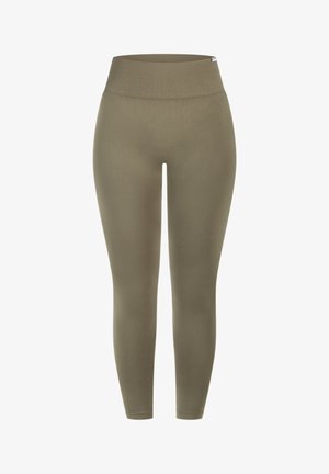 Olijfgroene leggings gemaakt van rekbaar materiaal, met een hoge, geribbelde tailleband en een aansluitend ontwerp langs de benen.