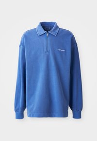 Blue pullover sweatshirt with a zippered collar, long sleeves, ribbed cuffs, and a small logo on the chest. Made of soft, textured fabric.