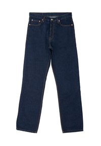Dark blue denim jeans with a straight-leg design, visible stitching in contrasting orange, five pockets, and a standard button closure.