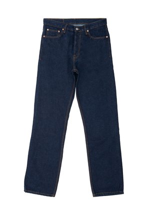 Mørkeblå denimjeans med lige ben, synlig syninger i kontrasterende orange, fem lommer og en standard knaplukning.