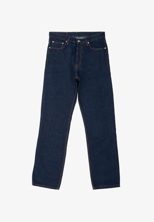 Mørkeblå denimjeans med lige ben, synlig syninger i kontrasterende orange, fem lommer og en standard knaplukning.