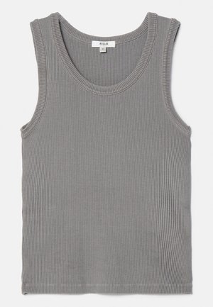 Gray ribbed tank top featuring a round neckline and wide armholes. Fabric is soft with a subtle texture and finished edges. Size tag visible.