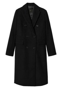 Manteau long noir croisé avec larges revers, fermeture à boutons, poches à rabat et poche poitrine passepoilée, présenté sur fond blanc.