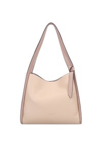 Borsa a mano in pelle beige con un design morbido e strutturato, caratterizzata da una tracolla singola e un dettaglio laterale in una tonalità più scura. Texture liscia, senza elementi metallici visibili.