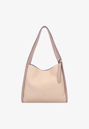 Bolso de mano de cuero beige con un diseño suave y estructurado, que cuenta con una correa única y un detalle lateral en un tono más oscuro. Textura lisa, sin herrajes visibles.