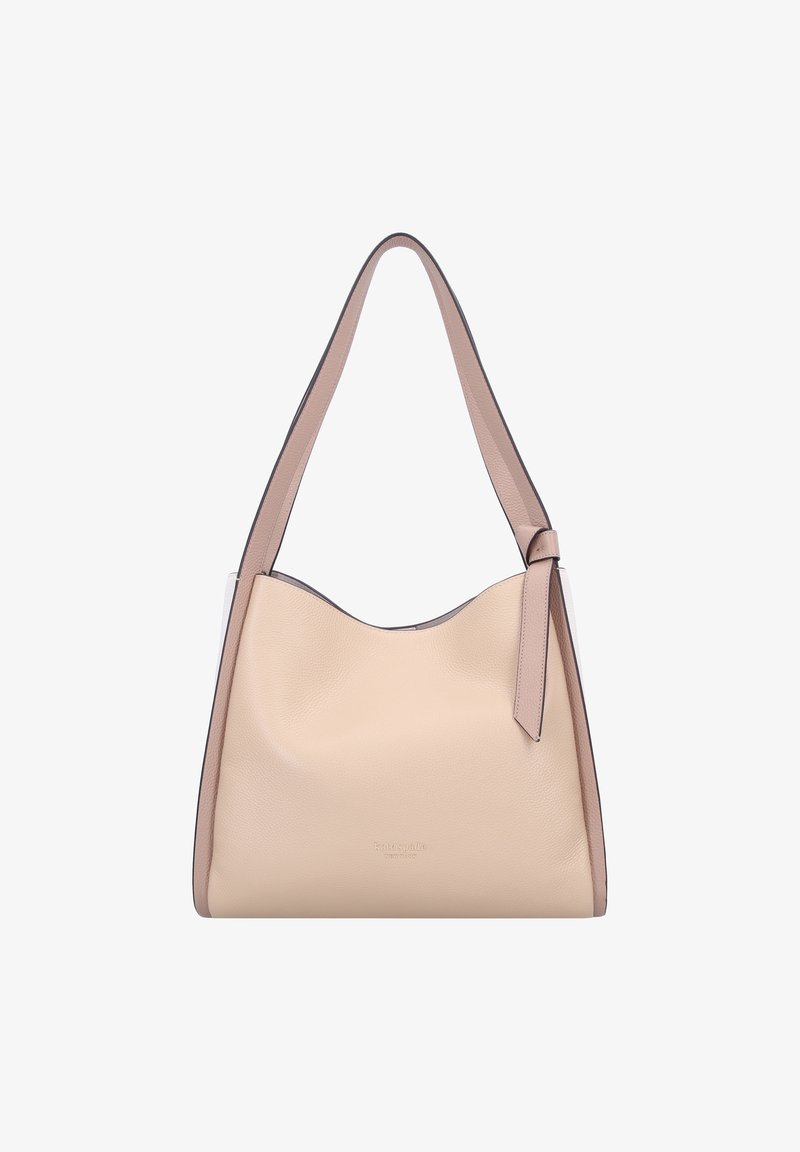 Borsa a mano in pelle beige con un design morbido e strutturato, caratterizzata da una tracolla singola e un dettaglio laterale in una tonalità più scura. Texture liscia, senza elementi metallici visibili.