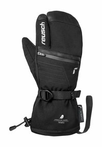 Moufles isolantes noires avec paume en cuir et sangle de poignet. Dotées d'une poche zippée et d'un marquage. Fabriquées à partir de matériaux durables et résistants aux intempéries.