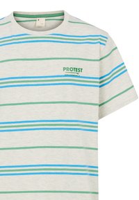 T-shirt met korte mouwen in lichtgrijze katoen, met horizontale blauwe en groene strepen. "PROTEST" logo in het groen op de borst.