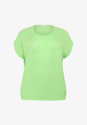 Lys grøn kortærmet top, afslappet pasform, rund halsudskæring, glat tekstur, lavet af letvægtsstof, uden synlige mønstre eller hardware.