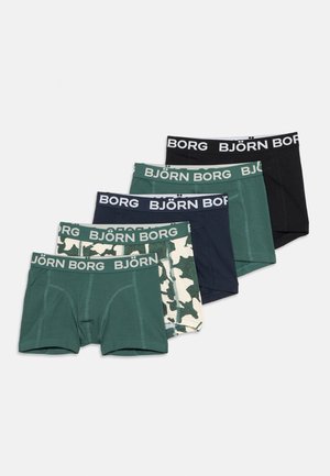Viis paari meeste bokserpükse rohelist, camo, mereväe, tumerohelist ja musta värvi, igaühel "BJÖRN BORG" kaubamärgiga elastse vööga.