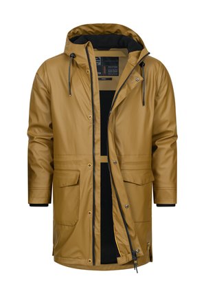 Beżowa wodoodporna parka z kapturem, przednim zamkiem błyskawicznym, zatrzaskami oraz dwiema dużymi przednimi kieszeniami, z miękką podszewką wewnętrzną.