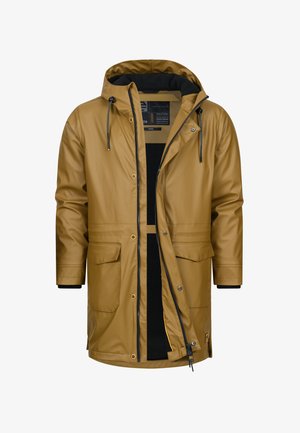 Beige wasserdichte Parka-Jacke mit Kapuze, Frontreißverschluss, Druckknöpfen und zwei großen Fronttaschen sowie einem weichen Innenfutter.