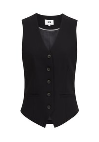 Czarna bezrękawnik z dekoltem w kształcie litery V, posiadający sześć guzików z przodu, dwie boczne kieszenie oraz dopasowany krój. Gładkie wykończenie materiału.