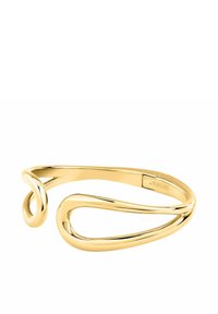 Bracciale d'oro con un design liscio e attorcigliato, di forma aperta e finitura lucida. Incisione notevole all'interno.