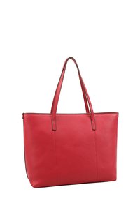 Sac fourre-tout en cuir rouge avec des côtés plats, deux longues poignées et des détails de couture minimalistes. Texture lisse et design robuste.