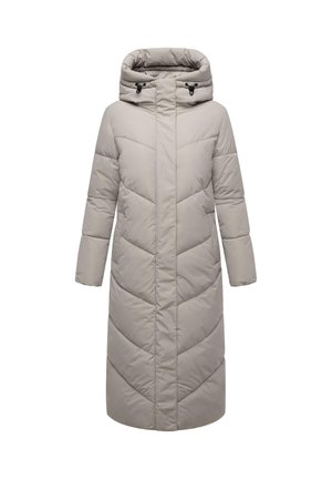 Light gray, long padded coat with a high collar and hood. Features chevron stitching and a straight silhouette with long sleeves.