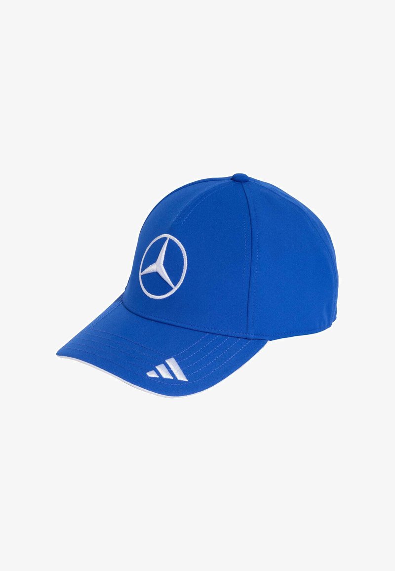 Blue cap made of fabric with a curved brim. Features a large white Mercedes logo on the front and three white stripes on the side.