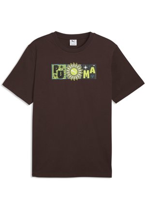 Brązowy T-shirt z krótkim rękawem z kolorową grafiką słonecznika i literami tworzącymi napis „PUMA” na piersi.