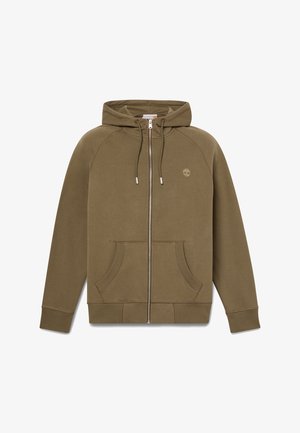 Ruskea vetoketjullinen huppari, jossa etutaskut, kiristysnyörillä varustettu huppu, resorit hihansuissa ja pieni puulogo vasemmassa rinnassa.