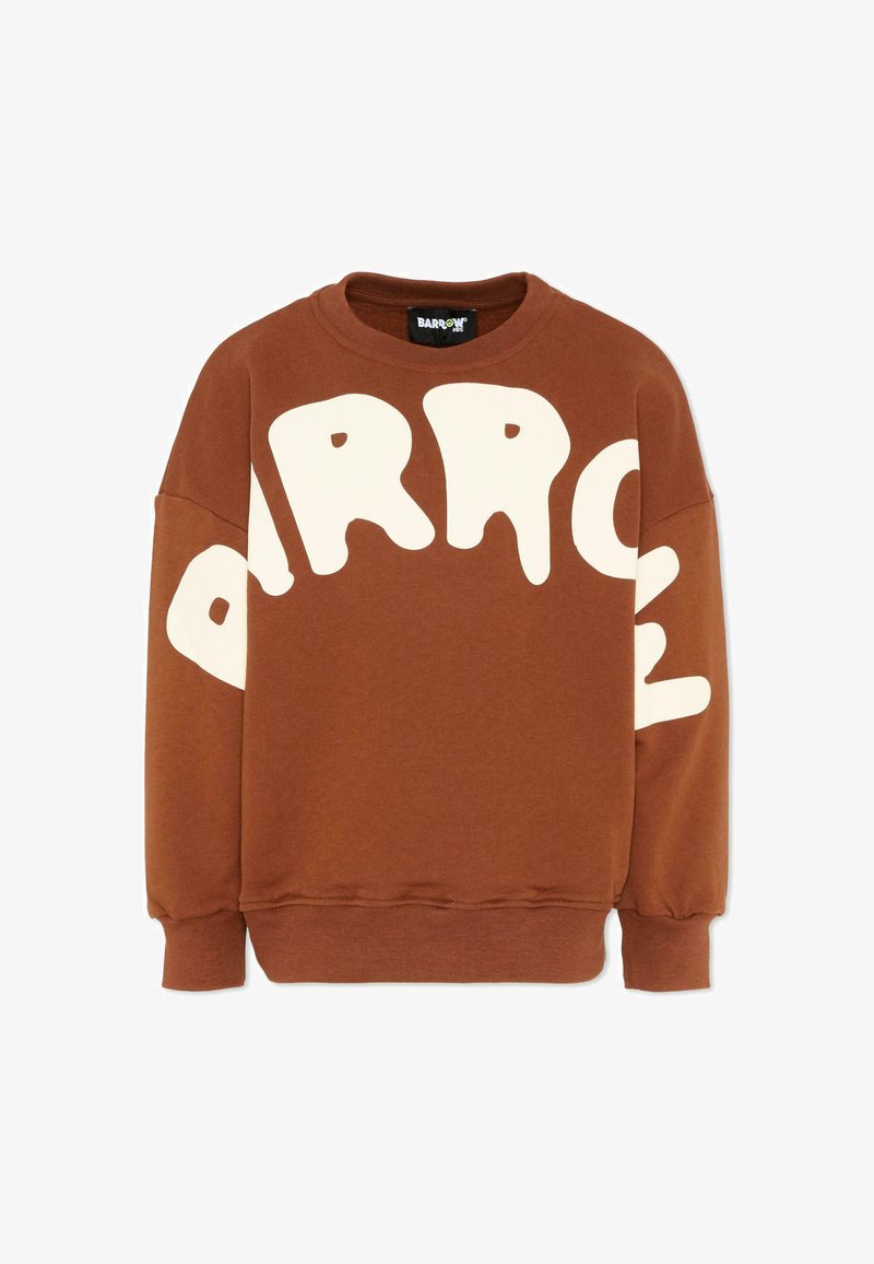 Brązowa bluza crewneck z dużymi białymi literami tworzącymi napis "BARROW" na klatce piersiowej i rękawach, z prążkowanymi mankietami i dołem.