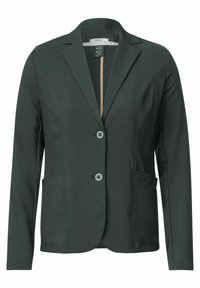 Blazer verde scuro realizzato in tessuto morbido, con rever a pettine, due bottoni e tasche laterali con dettagli di cucitura in vista.