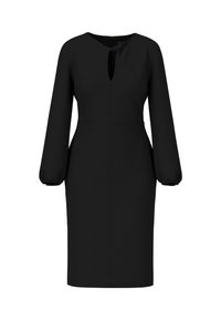 Schwarzes Kleid aus glattem Stoff, mit einem runden Ausschnitt und einem kleinen Schlüssel-Ausschnitt sowie gepufften langen Ärmel. Figurbetonte Silhouette mit Nähten.