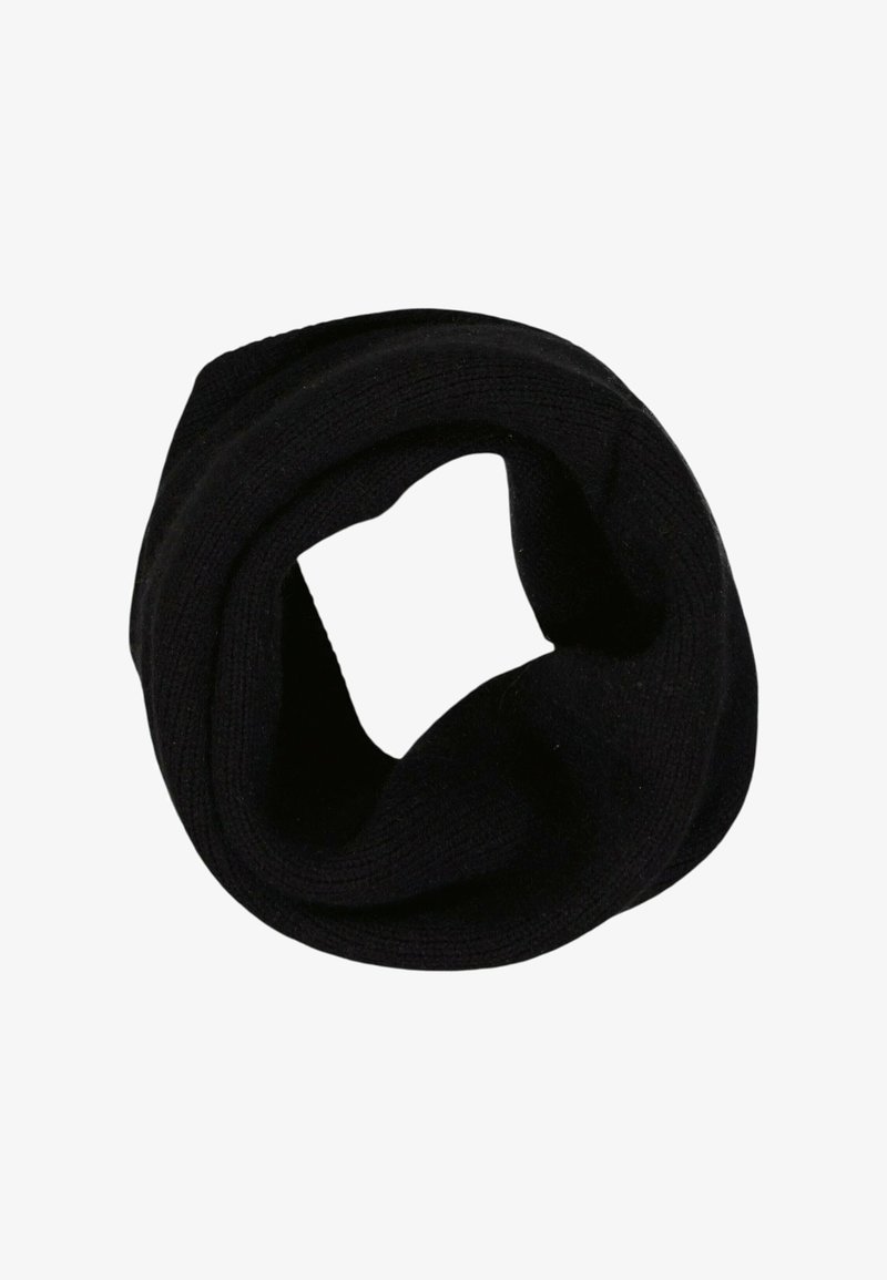 Écharpe infinity noire tricotée, pliée en forme circulaire avec un motif de point texturé visible sur fond blanc.
