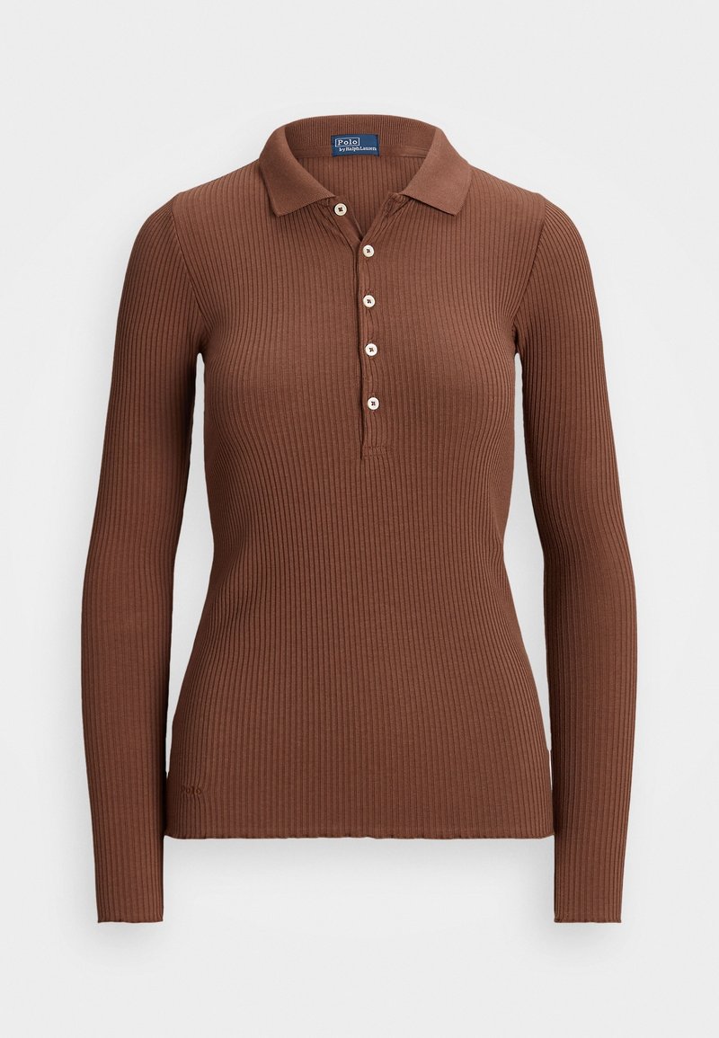 Brun ribbad långärmad polo tröja med krage, knapprad och strukturert tyg. Enkel design, figursydd silhuett.