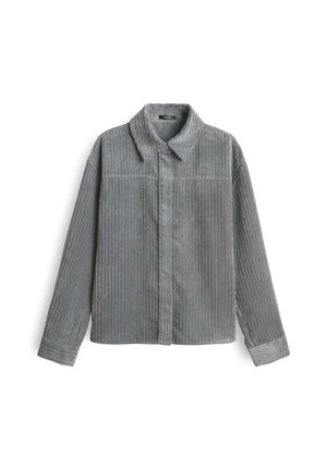 Giacca camicia in corduroy grigio con strisce verticali, colletto, chiusura con bottoni e maniche lunghe con dettagli sui polsini.