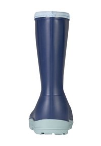 Stivale da pioggia in gomma blu navy con rifiniture azzurro chiaro, forma cilindrica alta, superficie liscia e suola stampata per una migliore trazione.