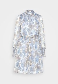 Robe paisley bleu et blanc avec un col haut, des manches longues, des poignets froncés et une taille à cordon, dotée d'un tissu léger et transparent.
