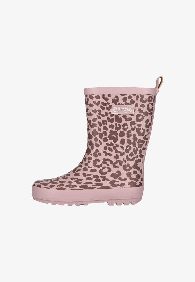 Botte de pluie en caoutchouc rose avec des taches léopard marron, semelle crantée et une languette à l'arrière.