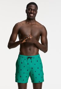 Green swim shorts with black bird print, elastic waistband, and adjustable drawstring. Smooth texture, mid-thigh length, casual design.