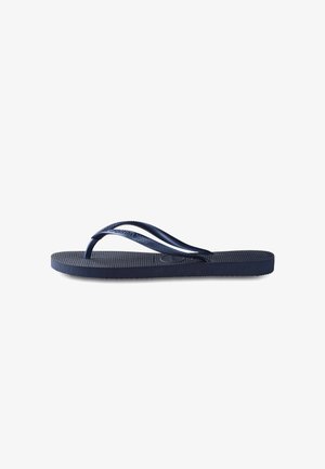 Tongs navy avec semelle en caoutchouc texturé, brides étroites et un support de doigt rond. Design simple sans motifs ni accents visibles.