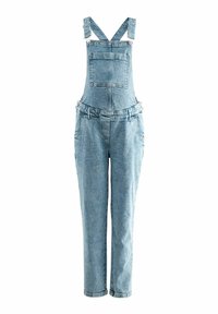 Peto de mezclilla con tirantes ajustables, bolsillo frontal y perneras anchas en azul claro, con una textura suave y un diseño casual.