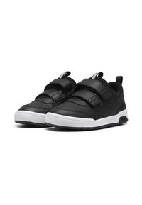 Sorte lær sneakers med hvit gummisåle, med to borrelåsremmer og en flik bak for enkel påkledning. Teksturert overflate.