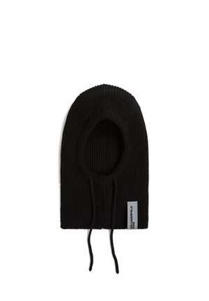Black ribbed knit balaclava hat with an oval face opening, adjustable drawstrings, and a logo patch on the side. Soft texture.