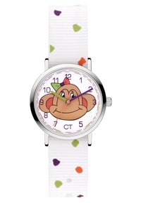 Runde weiße Uhr mit einem lächelnden Affengesicht auf dem Zifferblatt, silbernes Gehäuse und bunten Punkten auf einem strukturierten Stoffarmband.