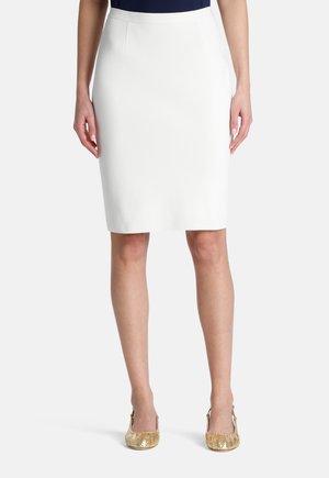 Balta zīda svārki ar gludu, teksturētu audumu. Iekļauj pieguļošu formu un maigas priekšējās šuves. Apvienoti ar zelta teksturētajiem apaviem.