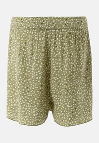 Zielone szorty wykonane z teksturowanej tkaniny, z rozproszonym wzorem białych kropek, z elastycznym paskiem w talii i luźnym krojem.