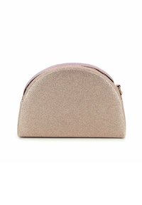 Borsa cosmetica lucida oro rosa con parte superiore arrotondata, texture liscia, chiusura con zip e leggera lucentezza. Dimensioni medie, ideale per viaggiare.