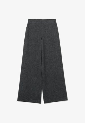 Grijze wijde broek van gestructureerde stof, met een hoge taille en een elastische tailleband voor comfort. Geen zichtbare zakken of patronen.