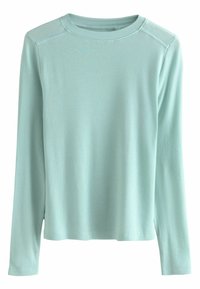Top cu mâneci lungi de culoare verde mentă deschis, realizat dintr-un material ribbed. Prezentă un decolteu rotund și accente cusute pe umeri. Textură netedă.